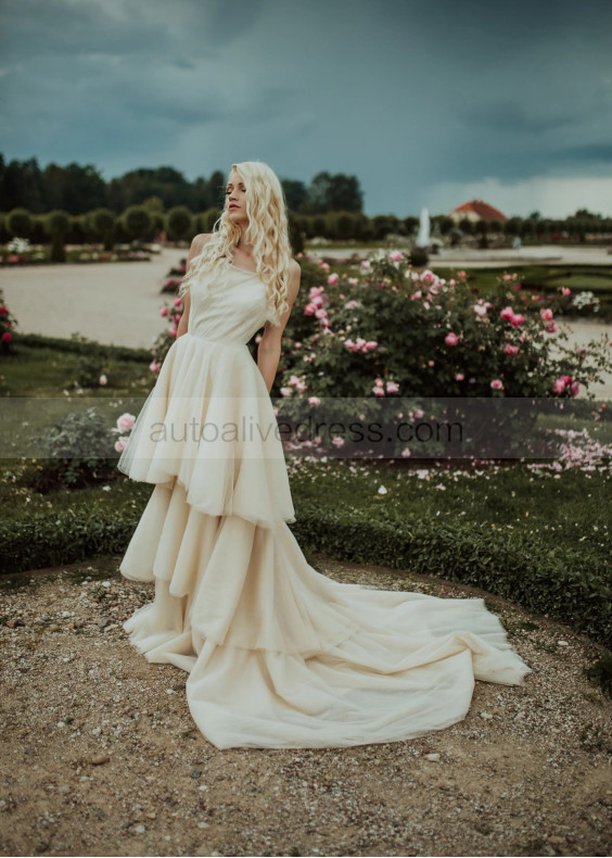 Spaghetti Straps Nude Tulle Layered Wedding Dress